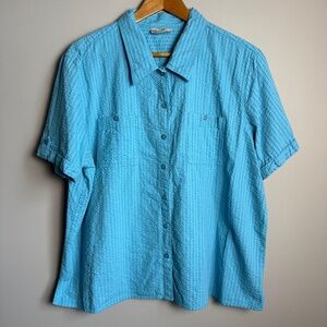Carroll Reed Women's Vintage Seersucker‎ Short Sleeve Button Up Shirt Blue 2X